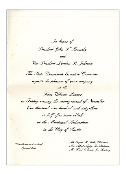 ''Texas Welcome Dinner'' Invitation to the Event Honoring President John F. Kennedy the Night of His Assassination